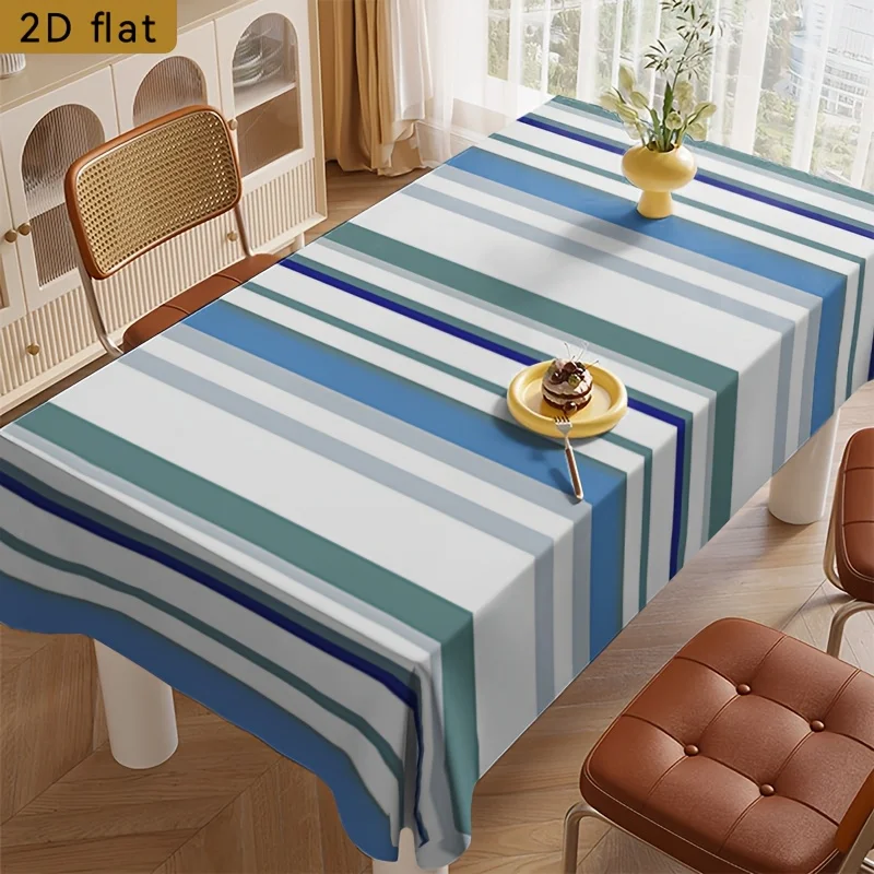 2D flat piece of tablecloth, rectangular party tablecloth, light blue and white vertical stripes