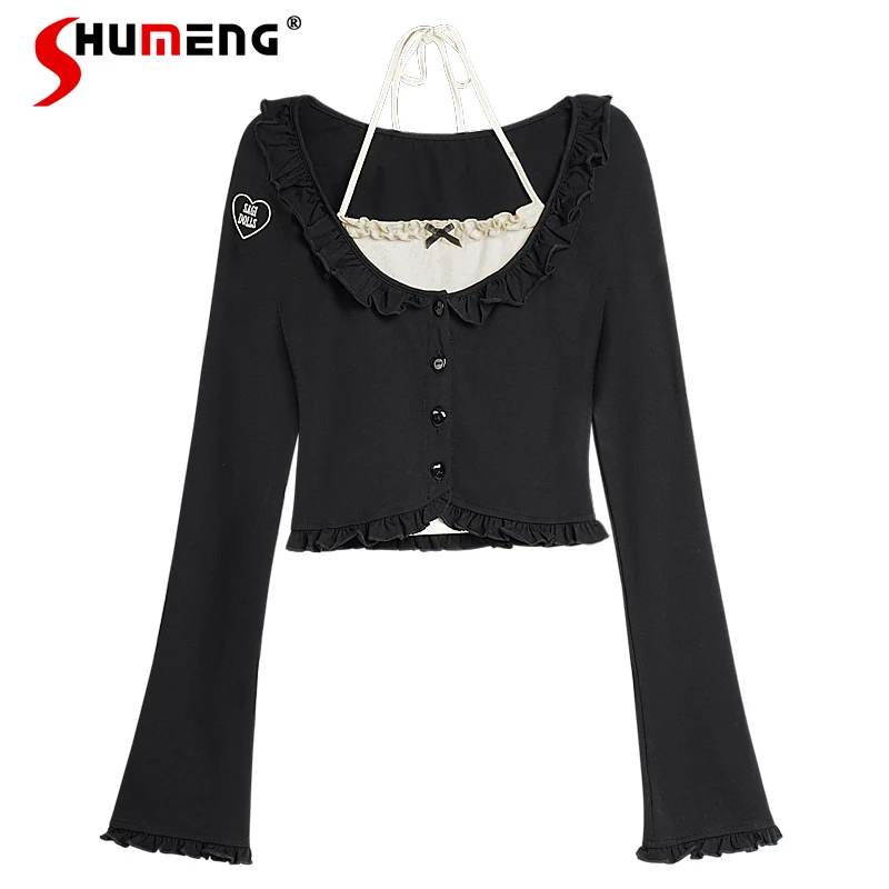 

Hot Girl Sweet Halter Sweater Cardigan 2024 Spring New Cute Cool Fake Two-Piece Buttoned Black Slim Long Sleeve Knitted Tops