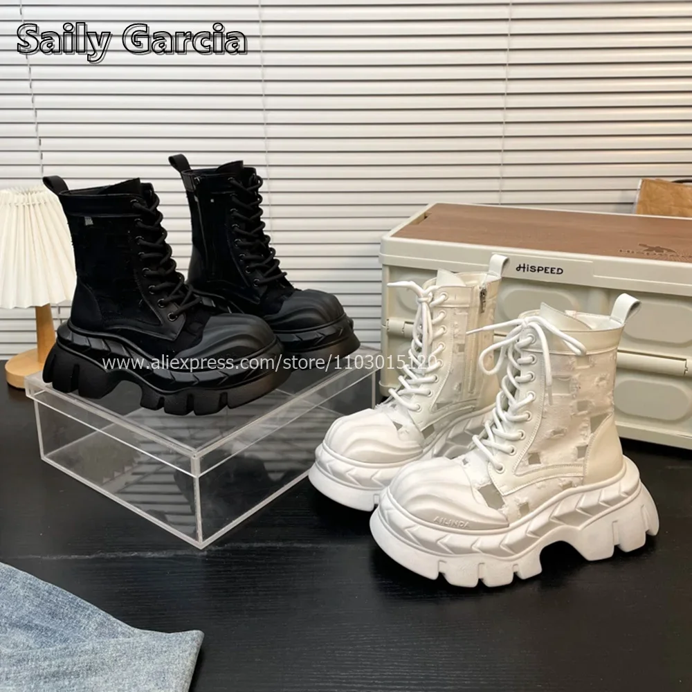 Top Layer Cowhide Punk Style Thick Sole Mid Calf Motorcycle Boots Autumn New INS Y2K Cool Girl Boots Round Toe Platform Shoes