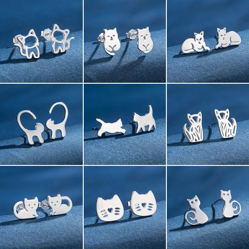 

925 Sterling Silver Cartoon Happy Cat Earrings for Girls Birthday Jewelry Minimalist Kitten Ear Cartilage Stud Korean Pendientes