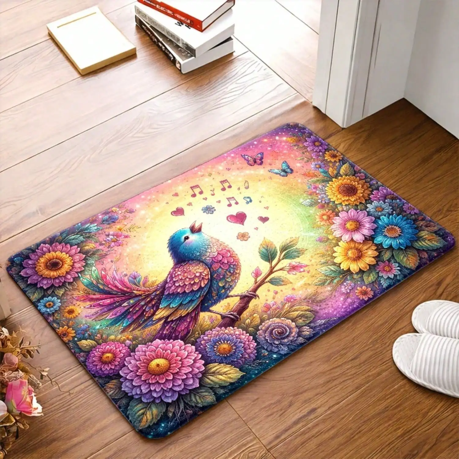 1pc,Colorful Singing Bird Floral Rug Suitable For Indoor/Outdoor Use, Non-Slip Machine Washable Suitable For Front Door, Bedroom, Bathroom, Kitchen, Balcony
