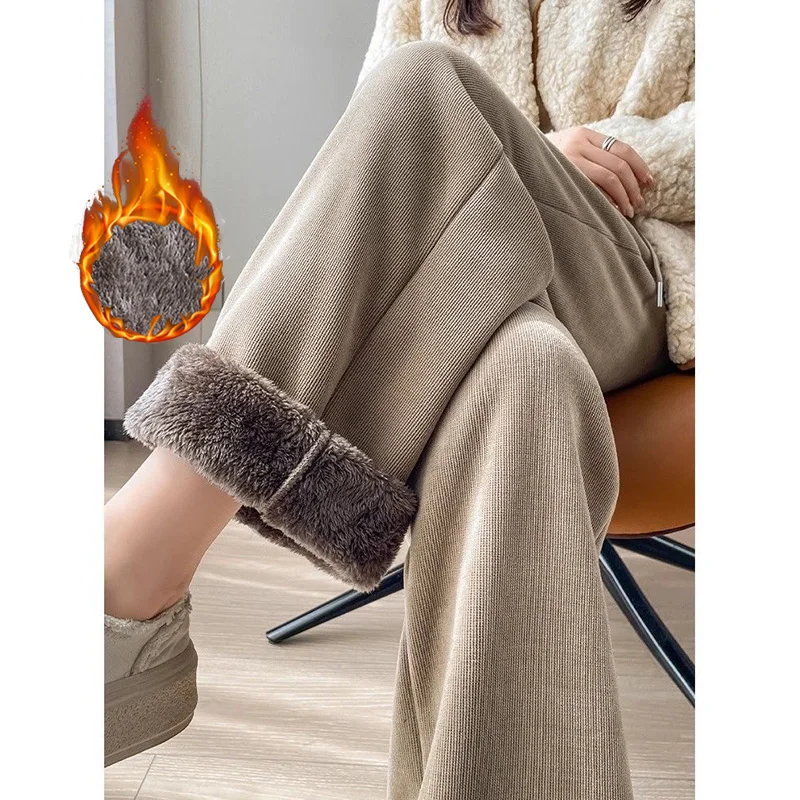 Winter Girls High Waist Thermal Plush Slacks Lady Snow Warm Velvet Pants Women Ins Fashion Comfortable Straight Leg Trousers