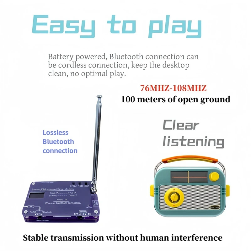 FM Transmitter 76Mhz-108Mhz Bluetooth FM Transmitter Radio With Battery For 100-Meter Transmission