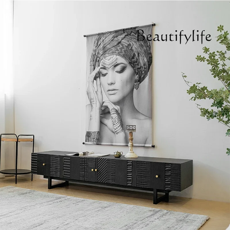 

Nordic solid wood retro TV cabinet living room carved floor cabinet simple European light luxury black square