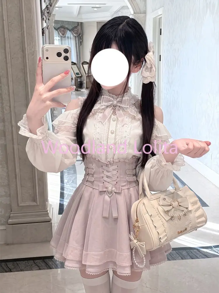 2027 Japanese Kawaii Short Skirt Sets Sweet Ruffles Off Shoulder Bow Shirt Gown Faldas Y2k Aesthetic Mini Skirts Lolita Full Set