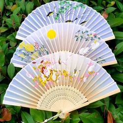 Vintage Silk Folding Hand Fan Bamboo Chinese Fabric Fan Pattern Art Craft Japanese Decoration Home Bride Folding Hand Fan 2023