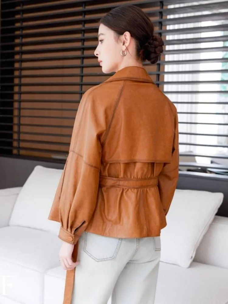 Chaqueta de cuero genuino a la moda para mujer, fajas Vintage ajustadas, cortavientos de piel de oveja de estilo corto, ropa de abrigo informal