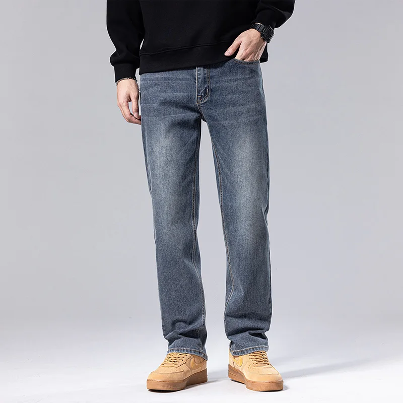 Classic Men's Business Casual Jeans Fashionable Straight Stretch Loose Denim Pants Autumn and Winter Men's Thick Pants