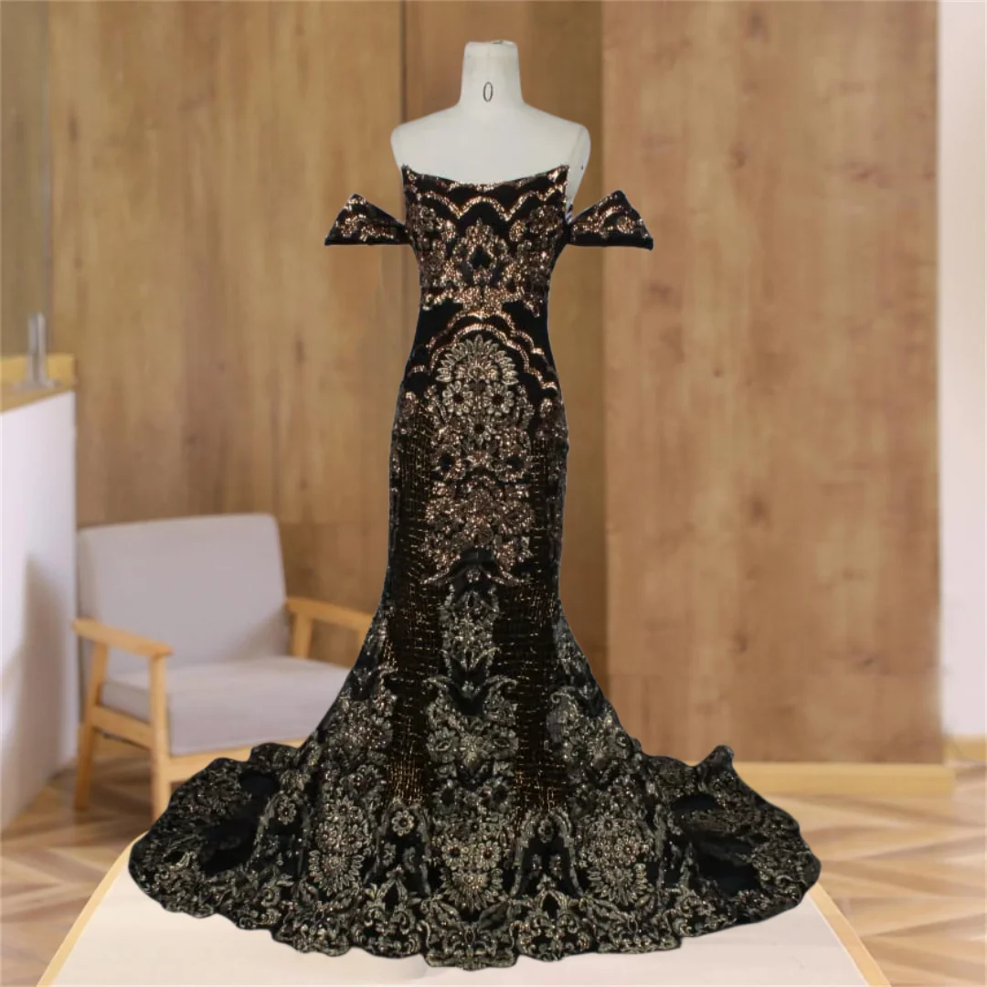 Arabic Golden Lace Mermaid Party Dress Off-The-Shoulder Strapless Evening Gown Court Train Lace Appliques Formal Occasion Dress