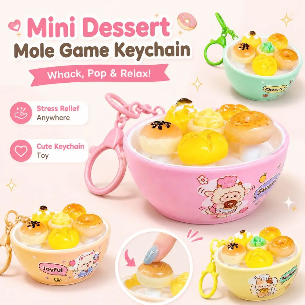 Press Button Whack-a-Mole Keychain Cute Animals Pattern Stress Relief Fidget Dessert Keychain Plastic Dessert Theme