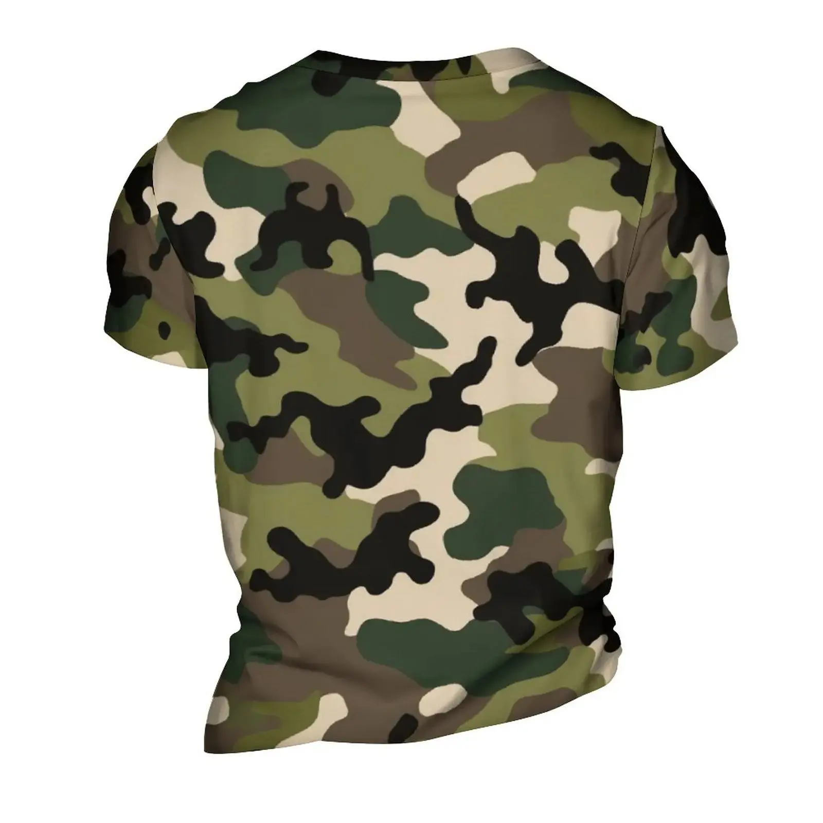 Military-Inspired 3D T-shirt with Green, Black, and Brown Camo Print