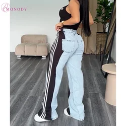 Side Striped Patchwork Baggy Jeans Wide Leg Denim Pants Women Casual Contrast Color High Waisted Hip-hop Trouser Streetwear