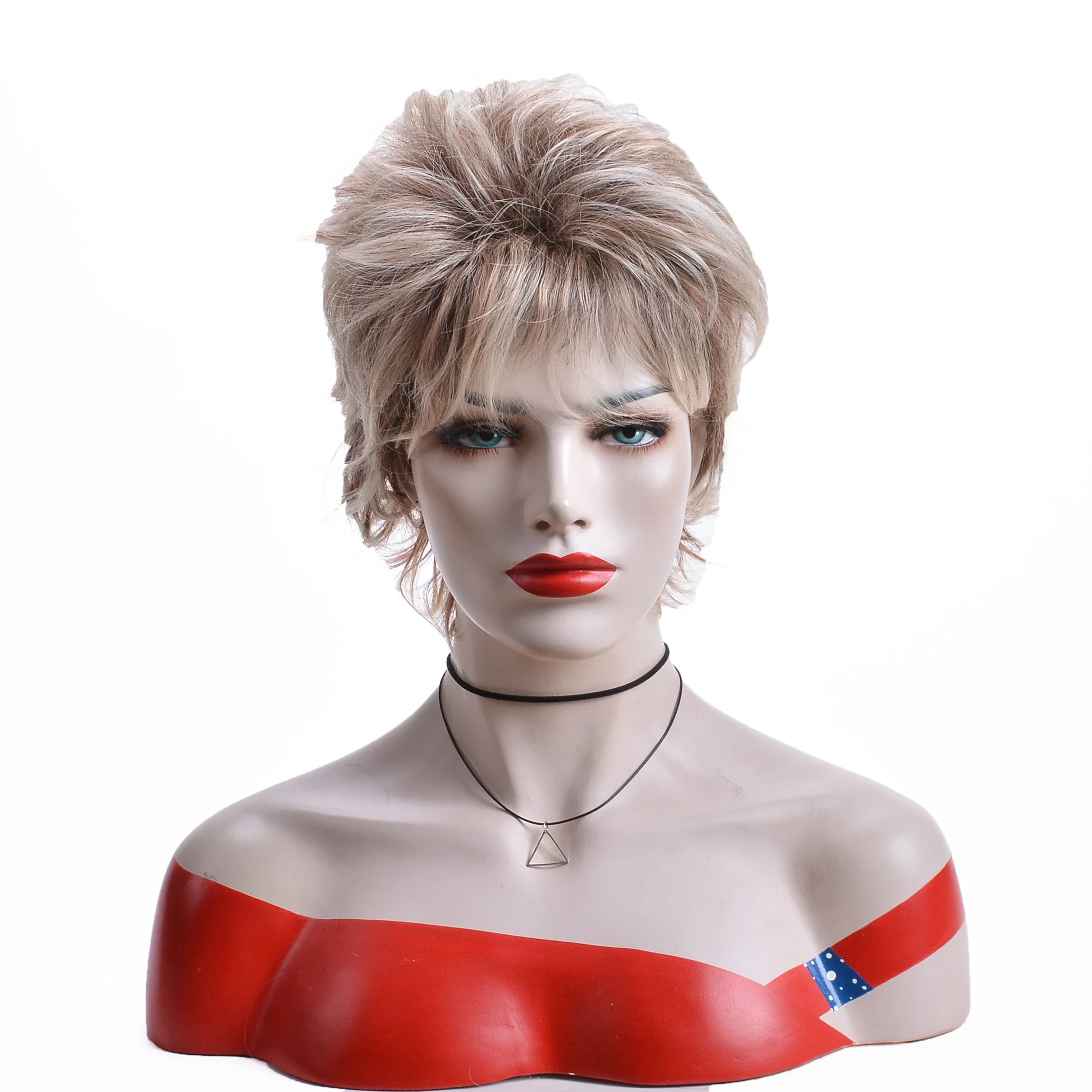 Womens Fashion Short Hair Synthetic Wig with Bangs Blonde Ombre Pixie Cut Haistyle Mommy Daily Costume Party Wigs for Lady