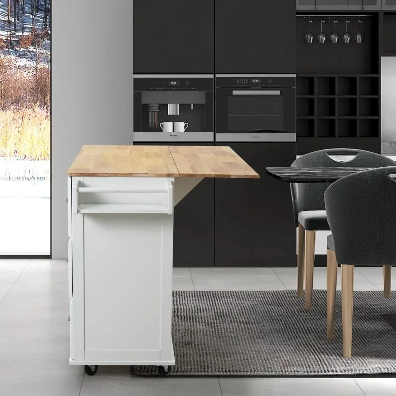 عربة جزيرة المطبخ المتنقلة من EROMMY مع سطح خشبي وأرفف قابلة للتعديل وأدراج تخزين وعجلات قفل، باللون الأبيض