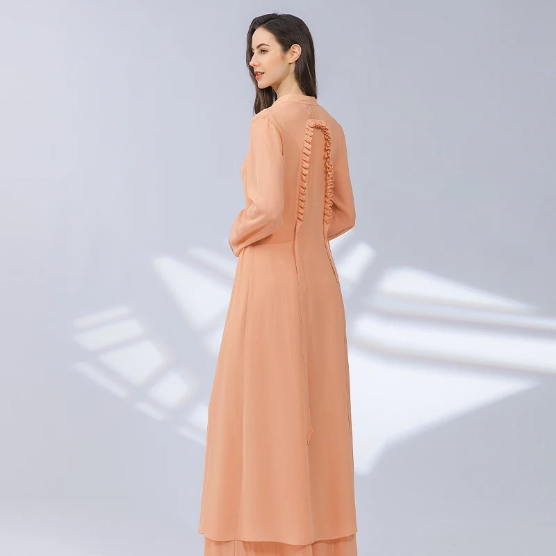 100% Silk Lace-up Wrap-style V-neck Long-sleeved Wooden Ear-trimmed Straight Trench Coat Hanfu Style Tunic Trench Coat FY060