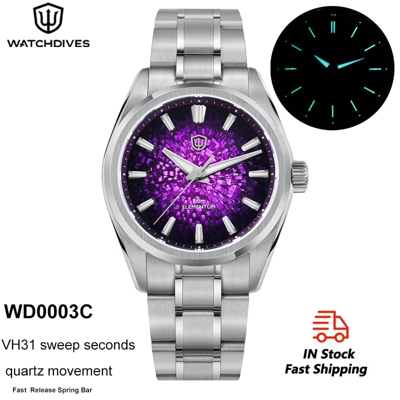 

Мужские часы Watchdives WD0003C Elementum, оригинальный дизайн, кварцевый механизм VH31 с бесшумным секундным стрелочным ходом, сапфировое стекло, светящиеся элементы, 38 мм