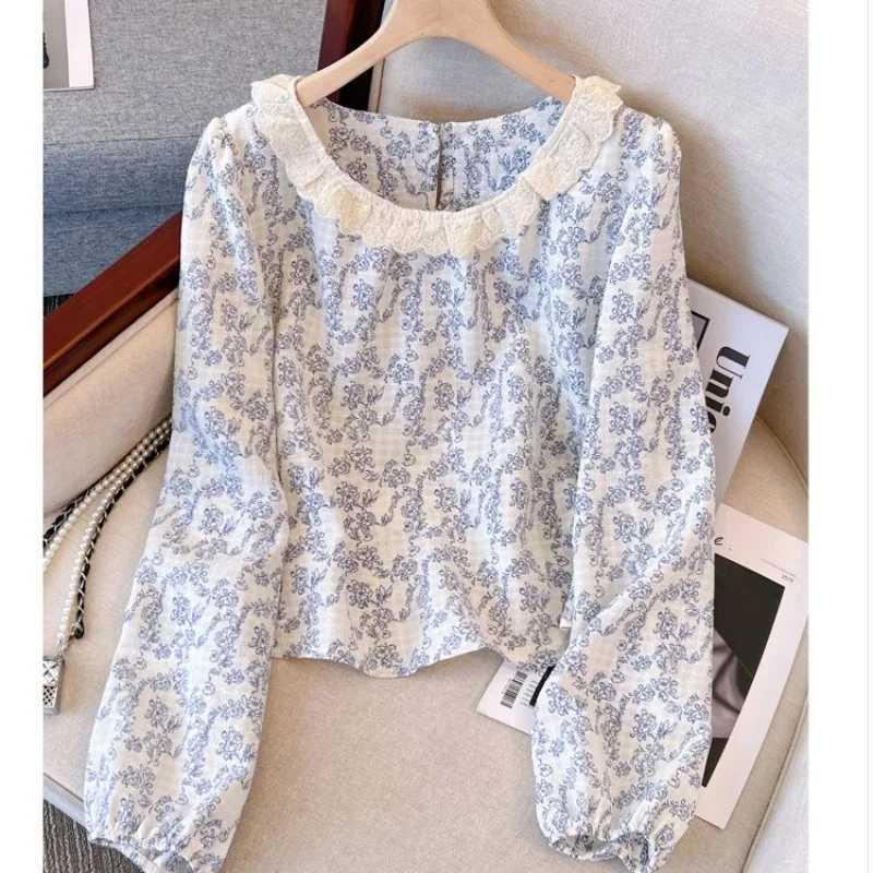 Camicie da donna con colletto quadrato floreale vintage moda primavera estate femminile Top in cotone a maniche lunghe in pizzo dolce rinfrescante tutto-fiammifero