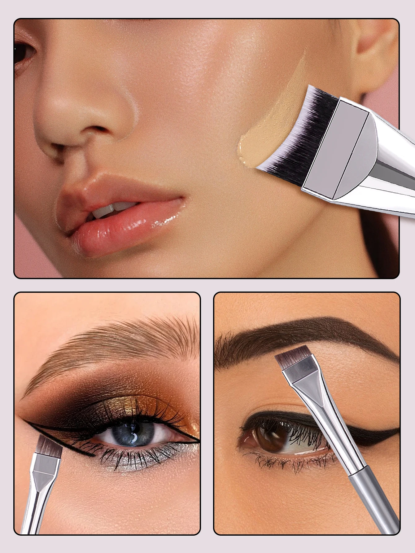 Pędzel do podkładu w kształcie łuku, ultracienki, z płaską główką, pędzel do podkładu w płynie i maski z dwoma pędzelkami do eyelinera z ostrzem pod kątem.