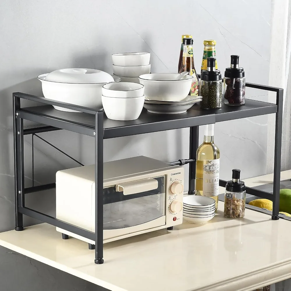 

Two-Level Expandable Microwave Stand with Kitchen Counter Organizer and Baker's Rack
