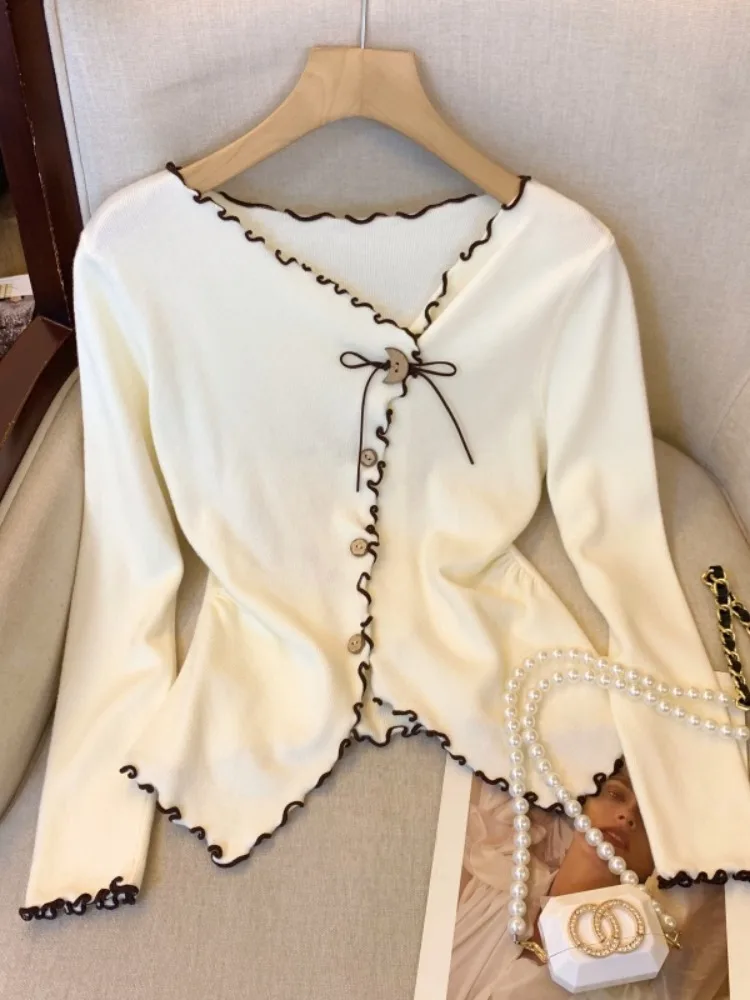 Angola Red Asimmetrico V-ne Maglieria da donna Slim Fit Base Layer Top con orlo arricciato per l'autunno inverno Sweet Sle Long Sve