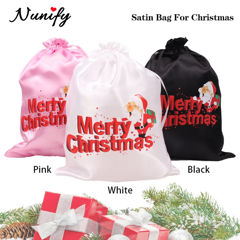 

1Pcs Christmas Satin Santa Bags With Drawstring 25x35cm Size Smooth Silk Satin Wig Bags With Merry Christmas Wig Stuff Treat Bag