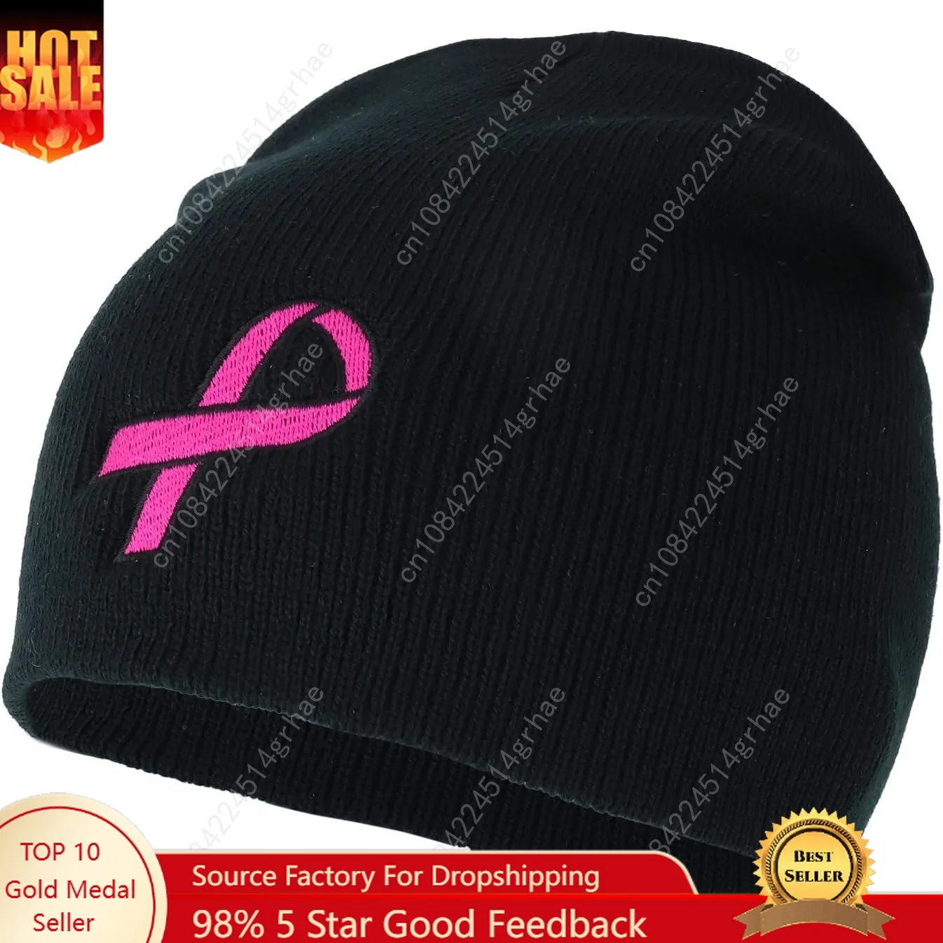 

Armycrew Made in USA Large Breast Cancer Pink Ribbon Embroidered Short Beanie