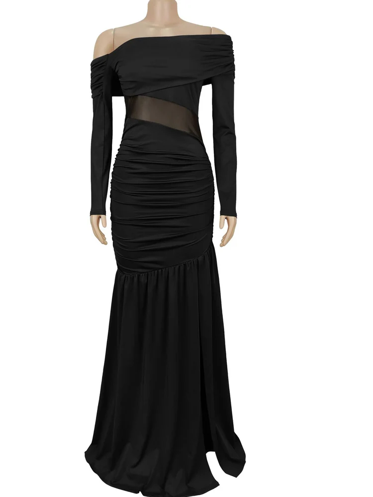 Kricesseen-Vestido largo de manga larga para mujer, vestido Sexy negro con hombros descubiertos, vestido de noche Formal de sirena fruncido con corte de malla