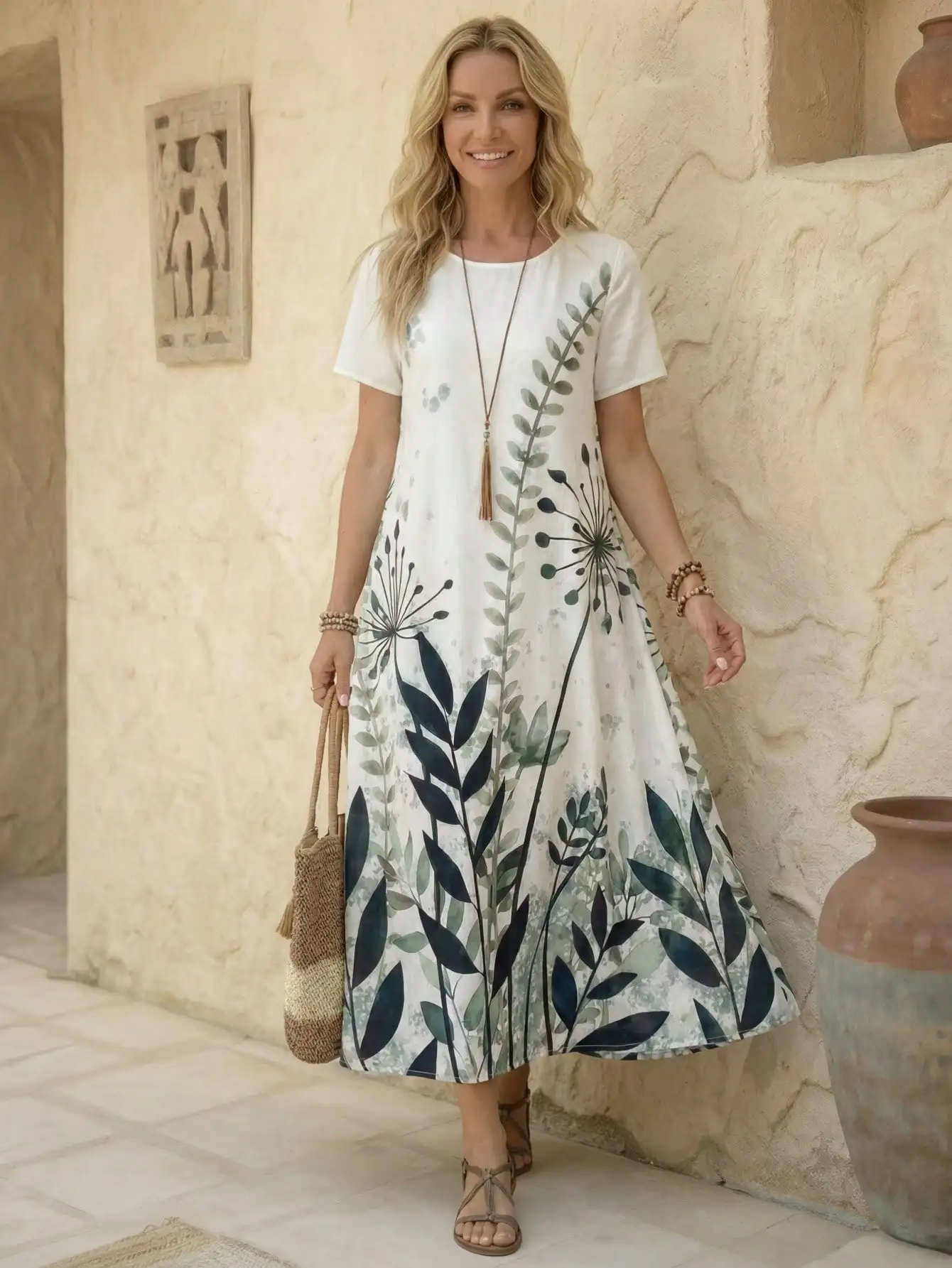 

Женское свободное платье миди с цветочным принтом и короткими рукавами