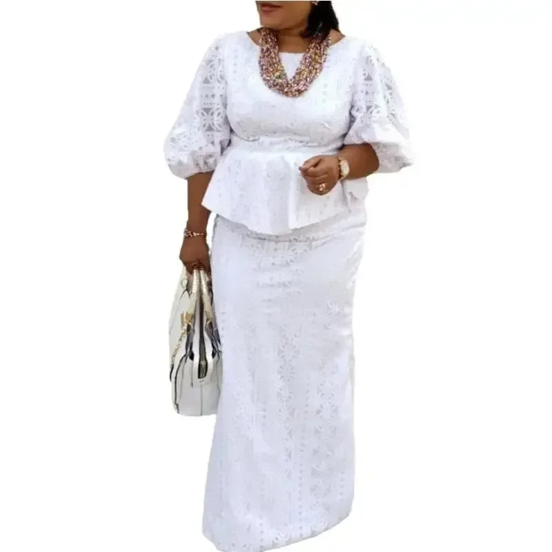 2024 African Party Evening Clothes for Women Spring African 3/4 Sleeve White 2 Piece Top Skirts Matching Sets Africa Clothing