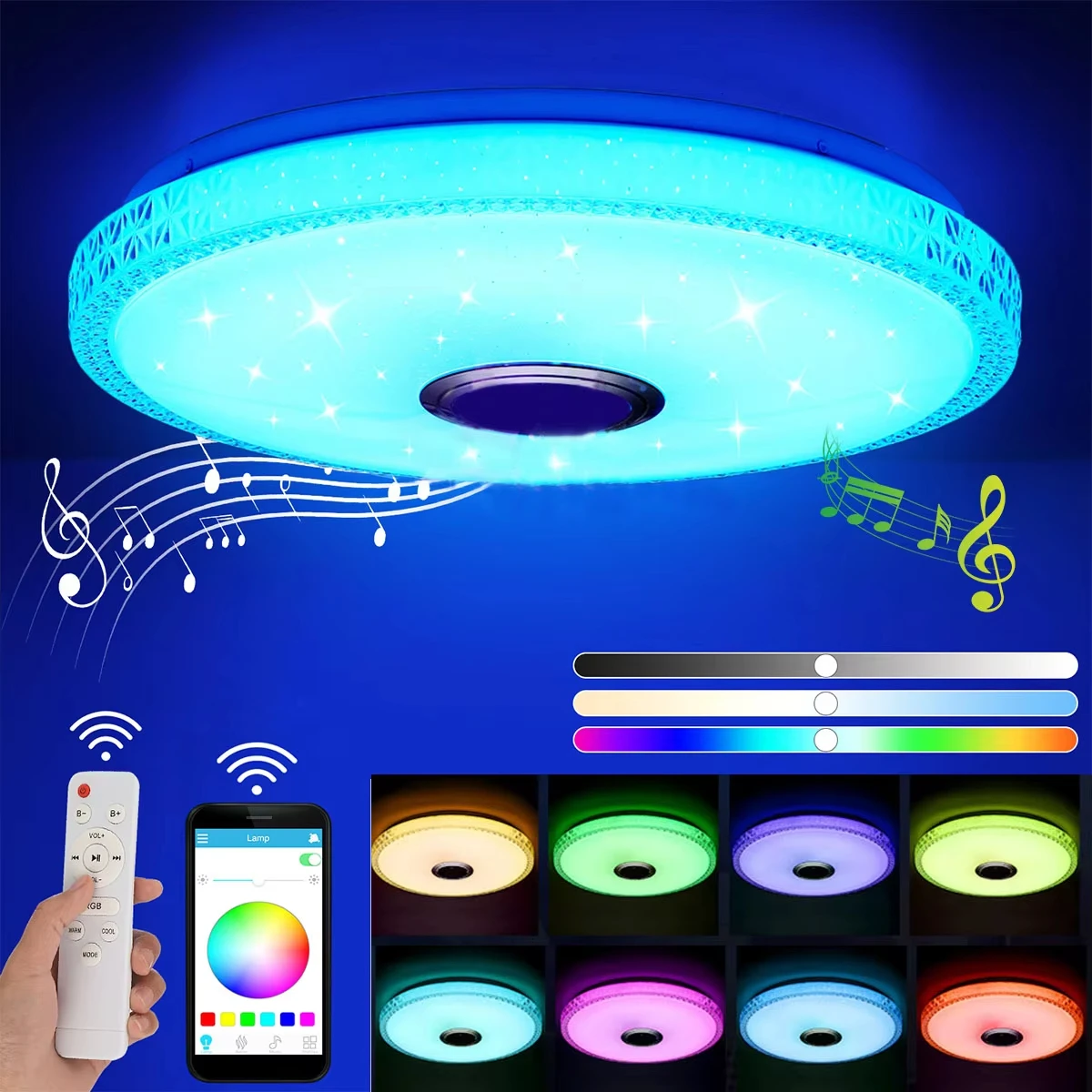 Lampa sufitowa LED z kryształami 60W z głośnikiem Bluetooth, lampa LED RGB z efektem gwieździstego nieba, do sypialni, salonu, łazienki