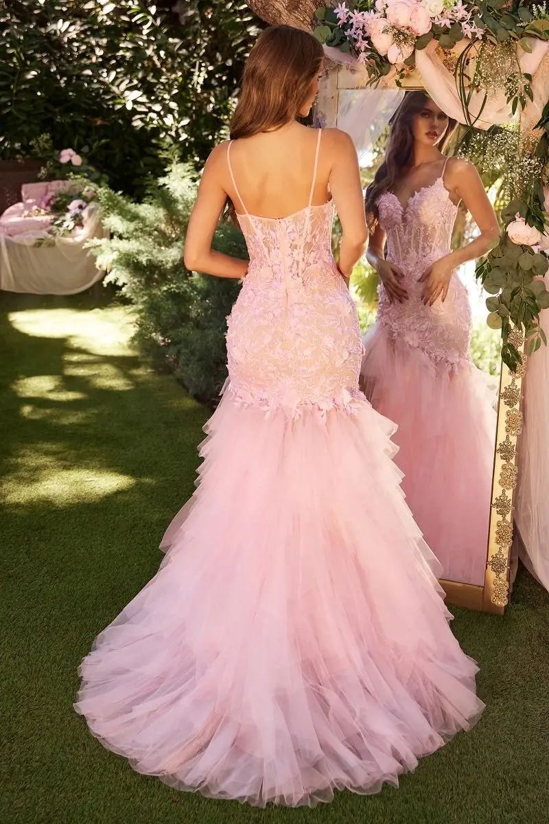 Tulle V-neck Spaghetti Straps Prom Dresses Lace Appliques Backless High Split Princess Dress Elegant Tiered Ruched Party Gowns