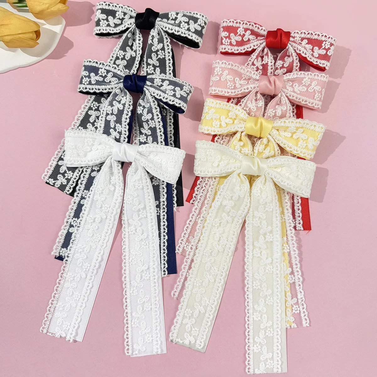24pcs Korean Style Hair Clips Long Tassel Ribbon Bow Lace Floral Embroidered Barrettes Bridal Grips for Women And Girls Bulk