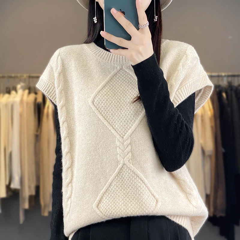 Fall/winter 100% pure wool sweater women's round neck diamond jacquard sleeveless pullover loose versatile fashion knitted vest.