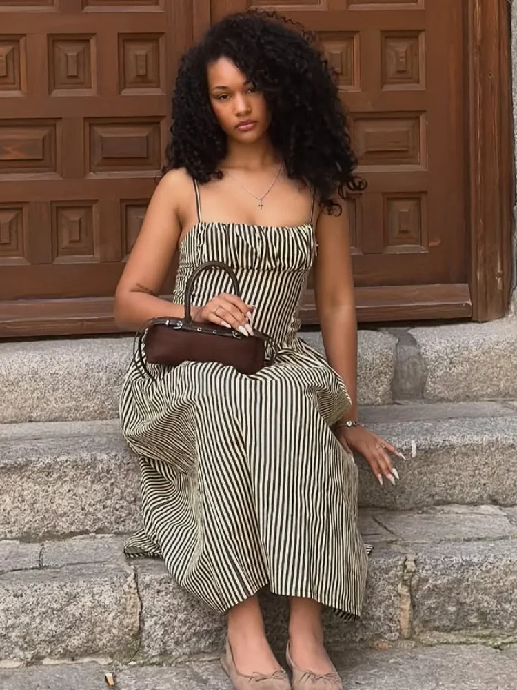 

Sexy Stripe Sling Maxi Dress Women Fashion Square Collar Sleeveless Waist-cinching Dresses 2026 Summer Lady Chic Vacation Robes