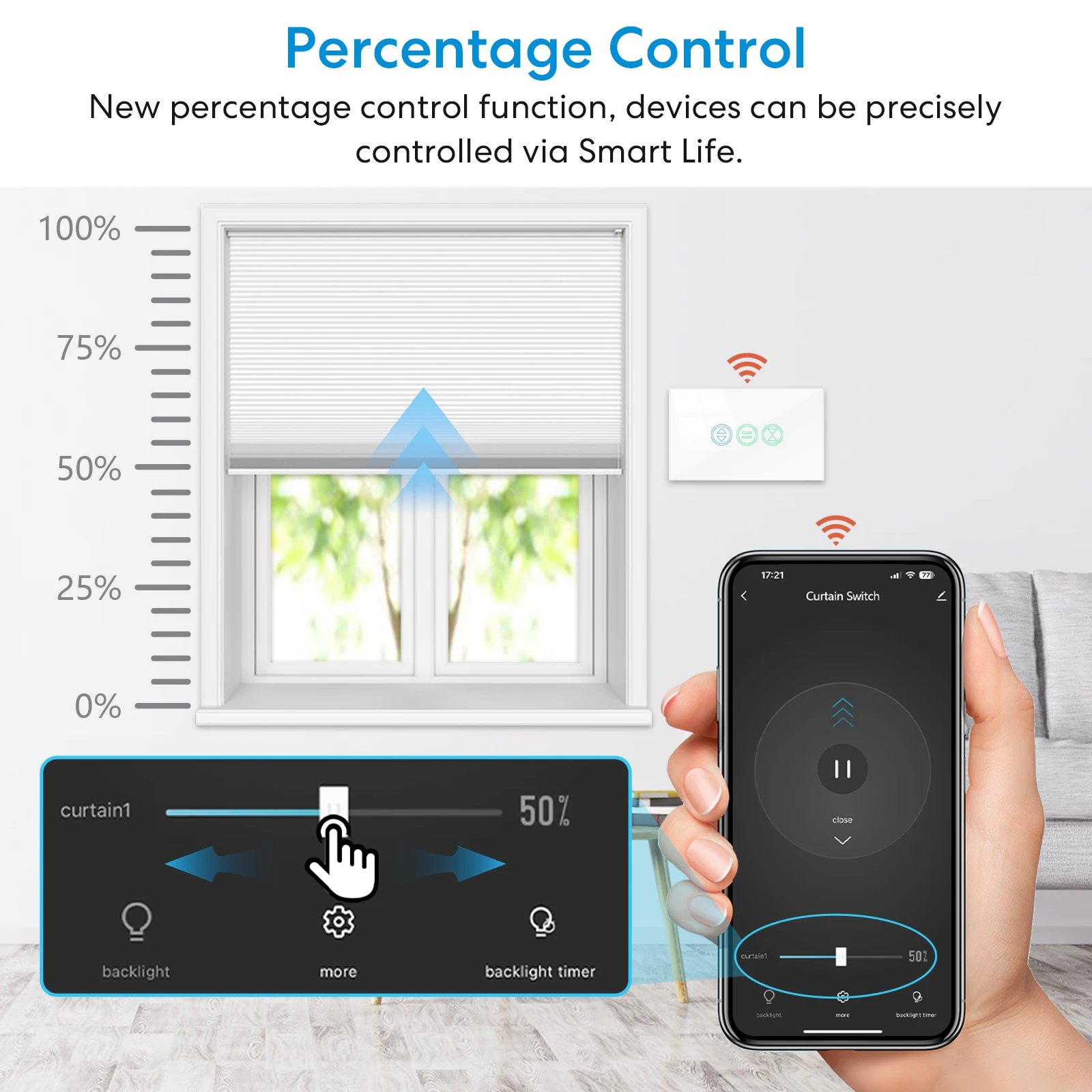 QCSMART Tuya Smart Life Curtain Blinds Touch Panel Switch Percentage Voice Control Home via Assistant Alexa Backlight Light
