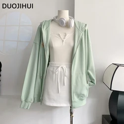 DUOJIHUI Three Piece Green Hooded Loose Women Hoodies Chicly Lace Camisole Drawstring Simple Skirt Fashion Pocket Female Hoodies