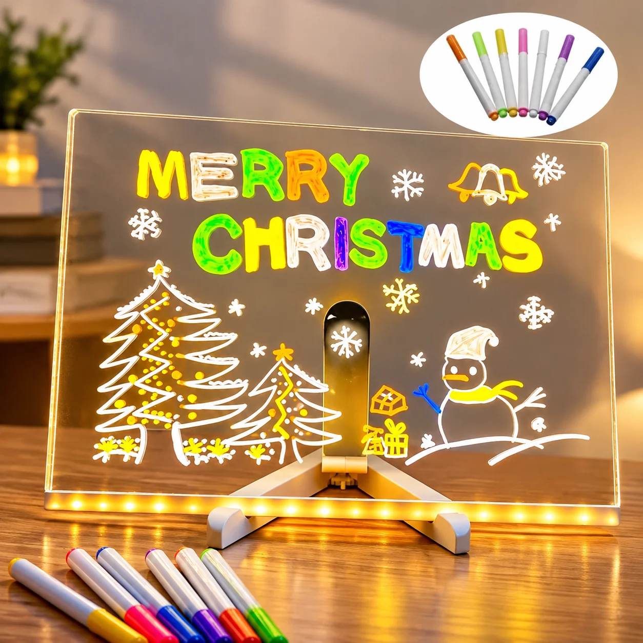 LED Acrylic Erasable Message Board Set, USB Powered, Seven Colored Pens, Adjustable Stand, Rewritable Surface, 15 x 15cm or 30 x 20cm Options, for Desk Notes, Drawing, Home Messages and Bedroom Displays, Acrylic and plastic
