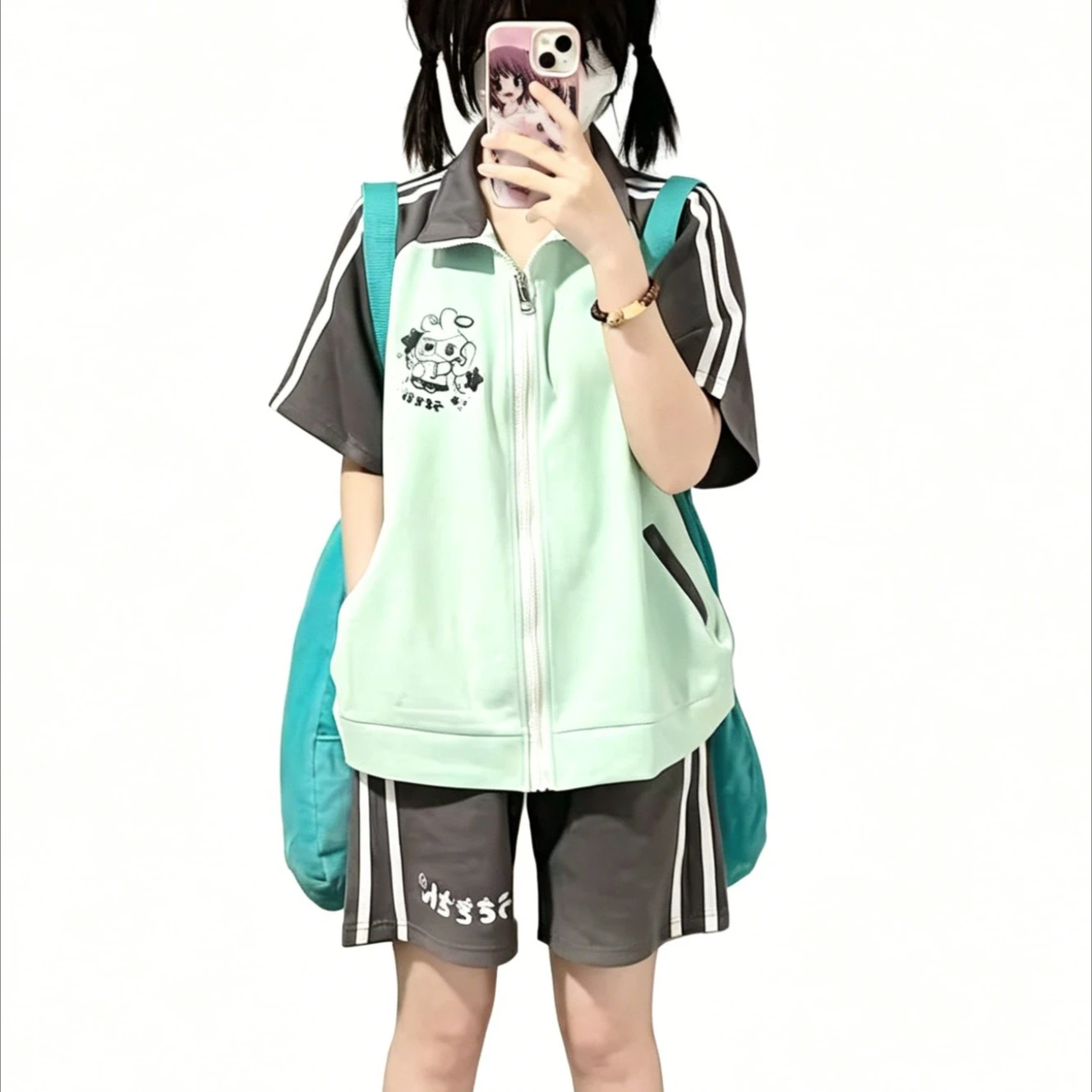 Harajuku Japan Cute Puppy Casual Sports Set Loose Short Sleeve Zipper Cardigan Shorts Contrast Color 2 Pcs Sets Women Y2k Suits