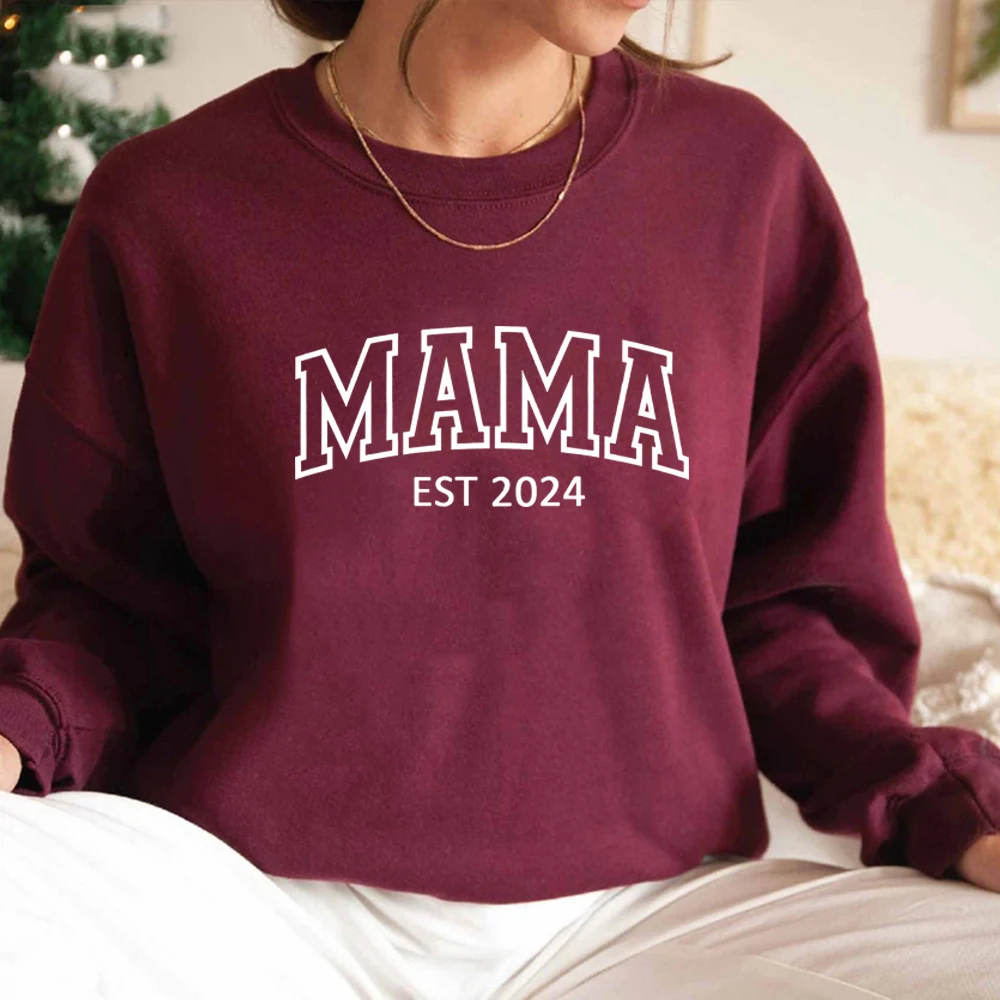 Mama Est 2024 Sweatshirt Mothers Day Gift Women Long Sleeve Crewneck Sweatshirts Personalized Hoodie New Mom Gift Mama Pullovers