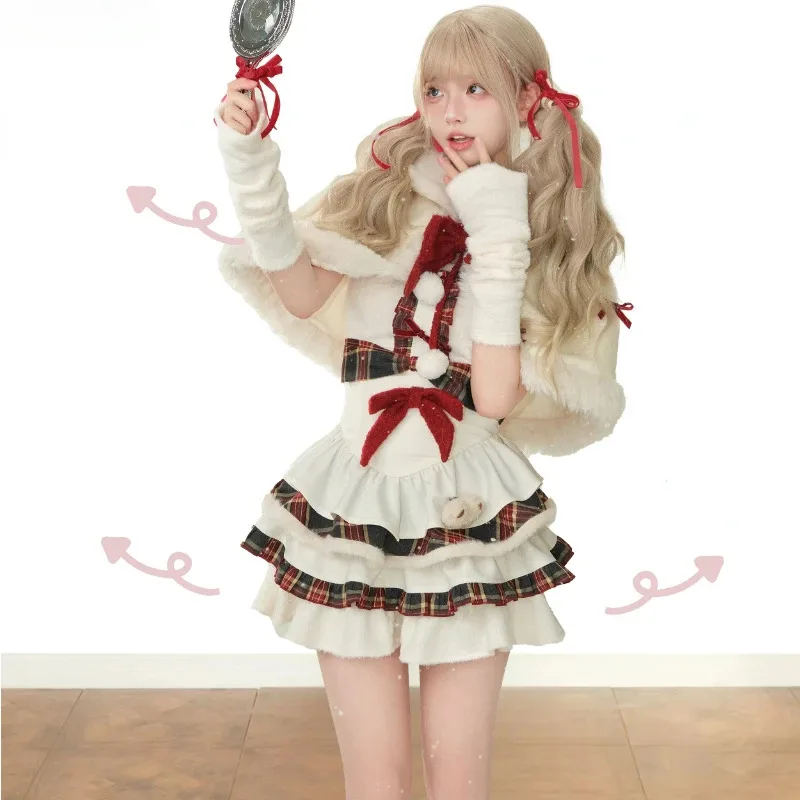 Inverno kawaii lolita vestido define feminino arco com capuz xale jaquetas curtas xadrez retalhos mini vestidos coreano natal ano novo terno