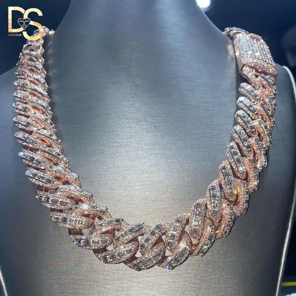 Custom Hip Hop Mossanite Necklace Vvs 925 Sterling Silver Def Baguette Diamond Moissanite 14k Rose Plated Cuban Link Chain