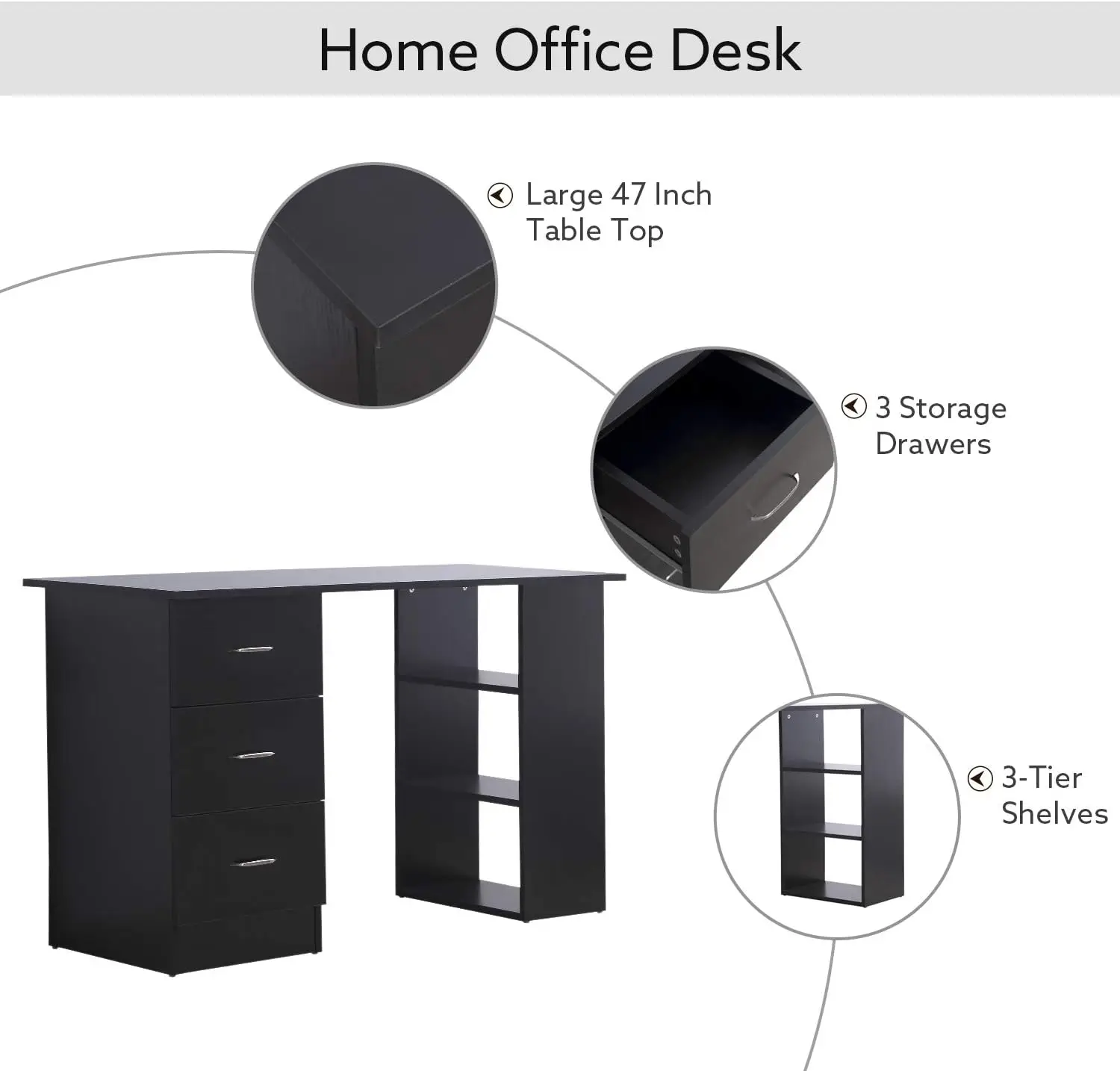 مقاس 47 بوصة، مكتب كمبيوتر منزلي حديث، خزانة كتب، محطة عمل طاولة كتابة مع 3 أدراج ورف تخزين - أسود #4