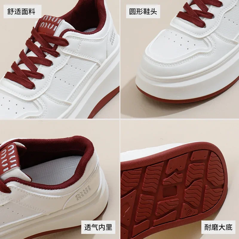 女性の加硫靴春と秋のレザーホワイトファッショナブルな通気性のあるレースアップカジュアル厚底スニーカー