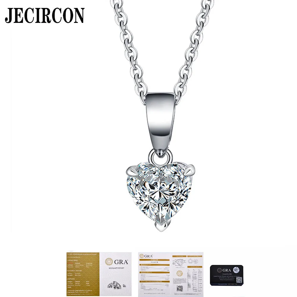 

JECIRCON S925 Sterling Silver Moissanite Necklace 1ct/2ct Heart Shaped Pendant Fashion Clavicle Chain Simple Versatile Jewelry
