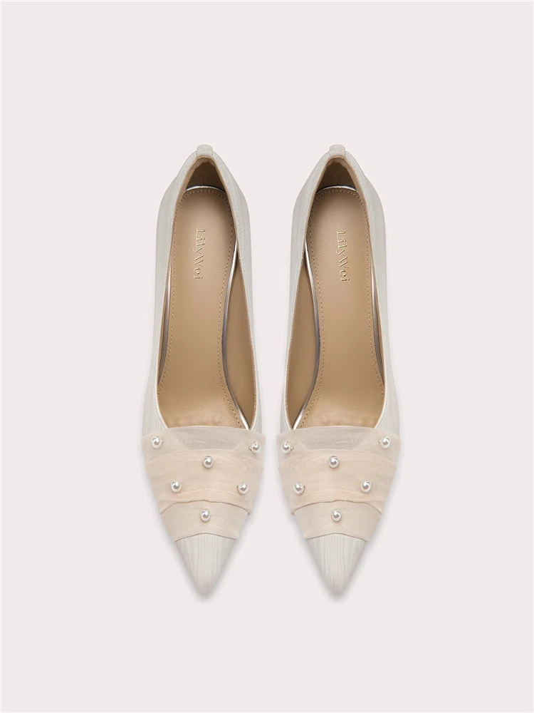 Spring new pointed shallow cloth lace pearl low-heel wedding shoes thin high-heeled banquet large size small size women's shoes