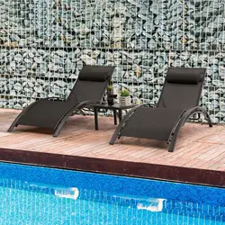 Preto Pátio Deck Chair Set, cadeiras de piscina praia, espreguiçadeira ao ar livre, 3 Pacotes