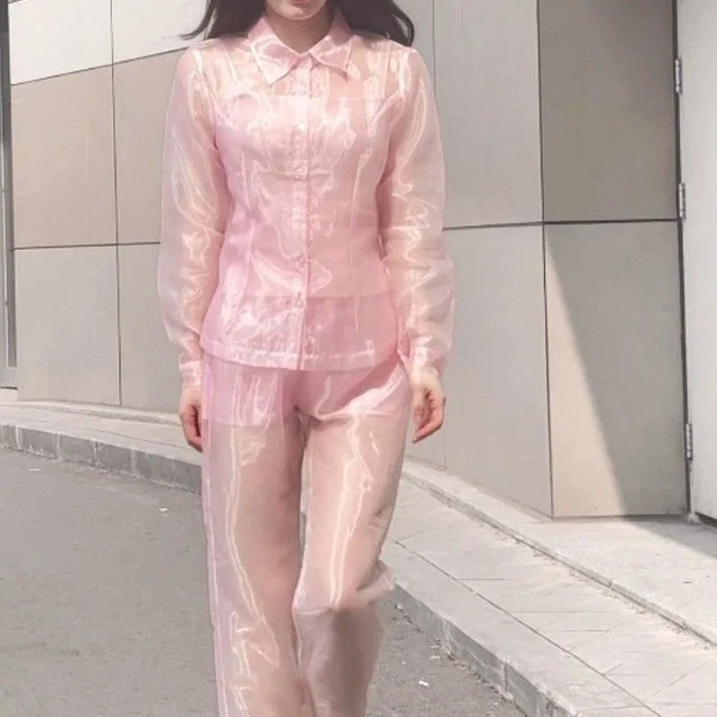 Men Pink Sexy Luxury See Through Organza Shirt Pants Set Women Thin Long Sleeve Glossy Slim Sheer Erotic Uniform Private Party