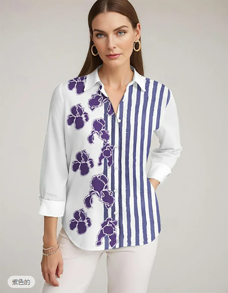 Women's Floral Striped Shirt Floral Casual Purple Long Sleeve Street Daily Flower Shirt Commuter Spring and Autumn