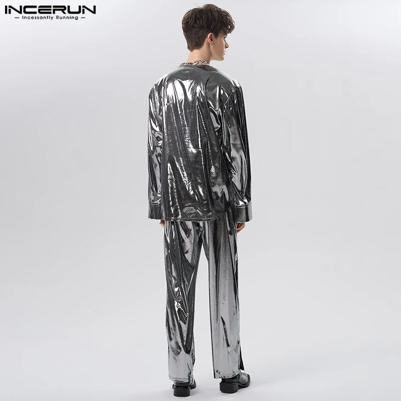 2023 Men Sets Shiny Streetwear V Neck Long Sleeve T Shirt & Pants Two Pieces Sets Loose Party Fashion Men\'s Suits S-5XL INCERUN