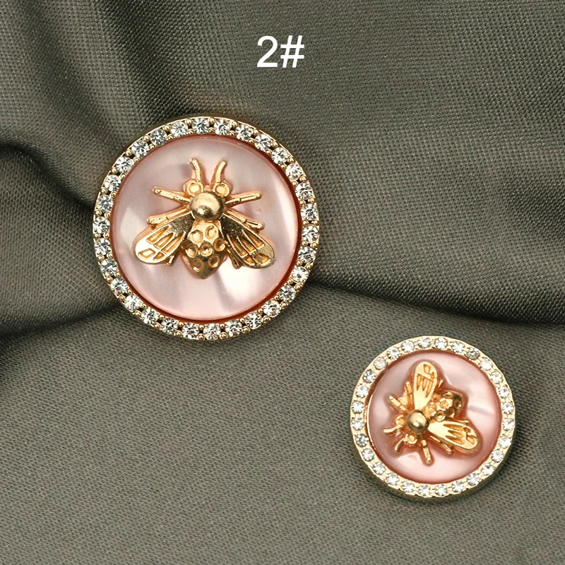 New Arrival Antique Rhinestone Decor Metal Gold Bee Pink Blue Pearl Buttons For Clothes Coat Cardigan Sweater Sew Needlework 6PC